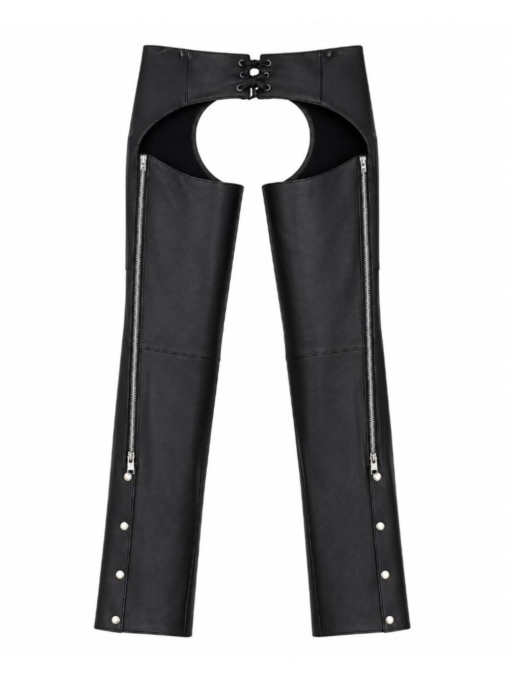Black Leather Motorcycle Chaps With Adjustable Waist Side Zippers & Snap Closure